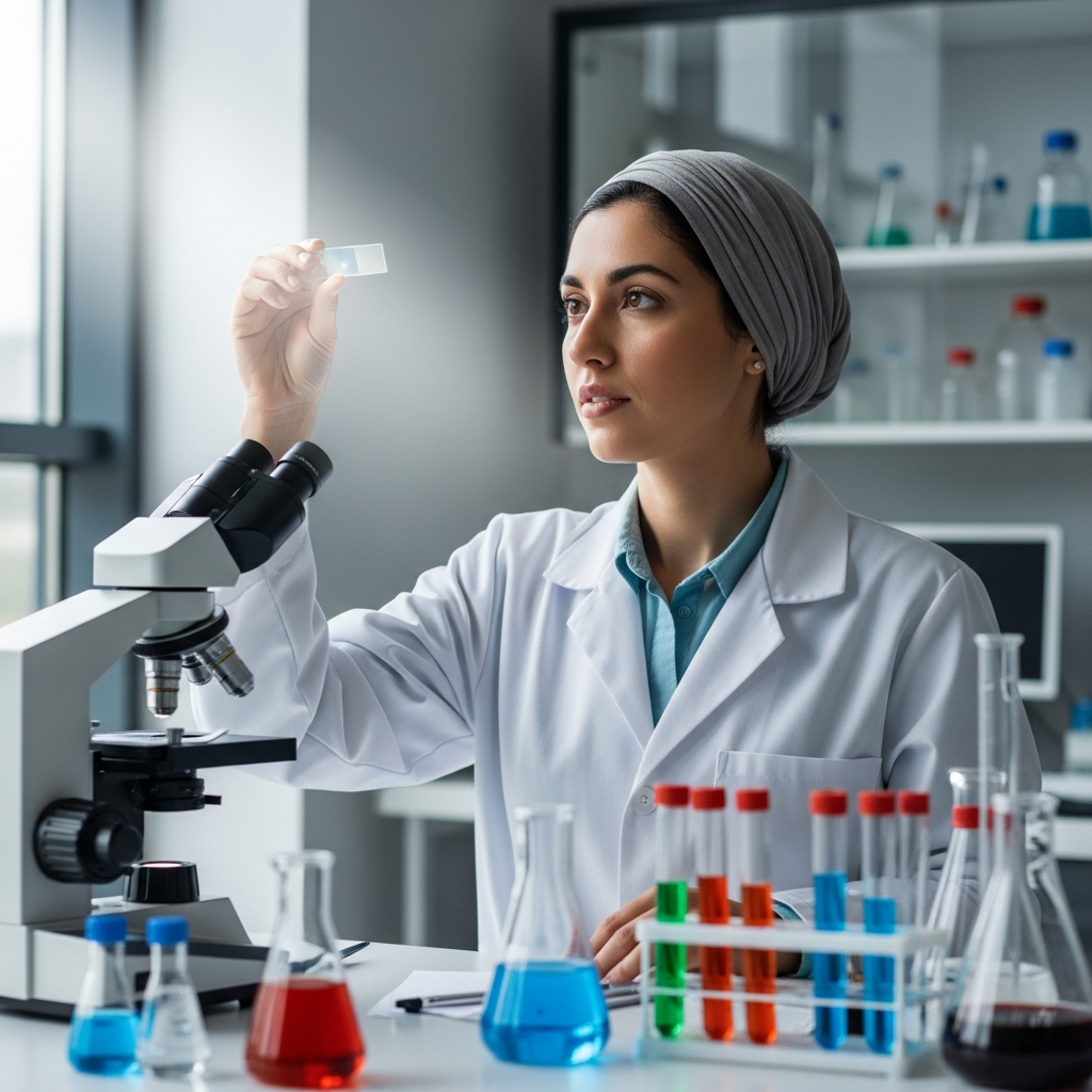 8325493cdf24f3-26ce-4c26-84b3-722e5bcc3e9f – Jewish Women Series™ Jewish woman scientist with microscope