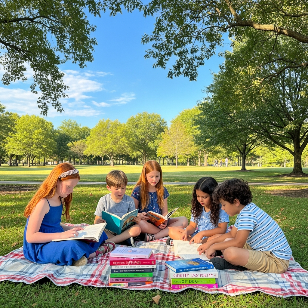 Children reading poems at picnic