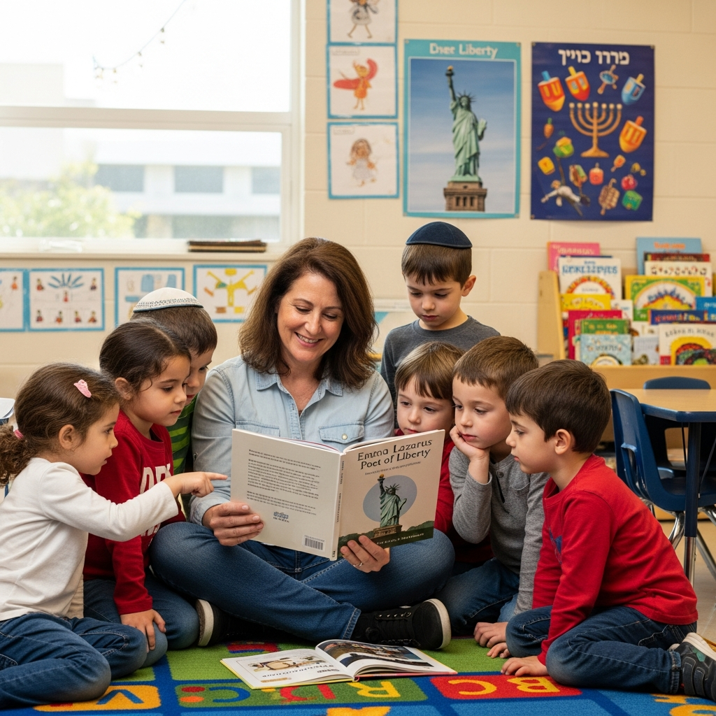 Kindergarten class with Statue of Liberty images.