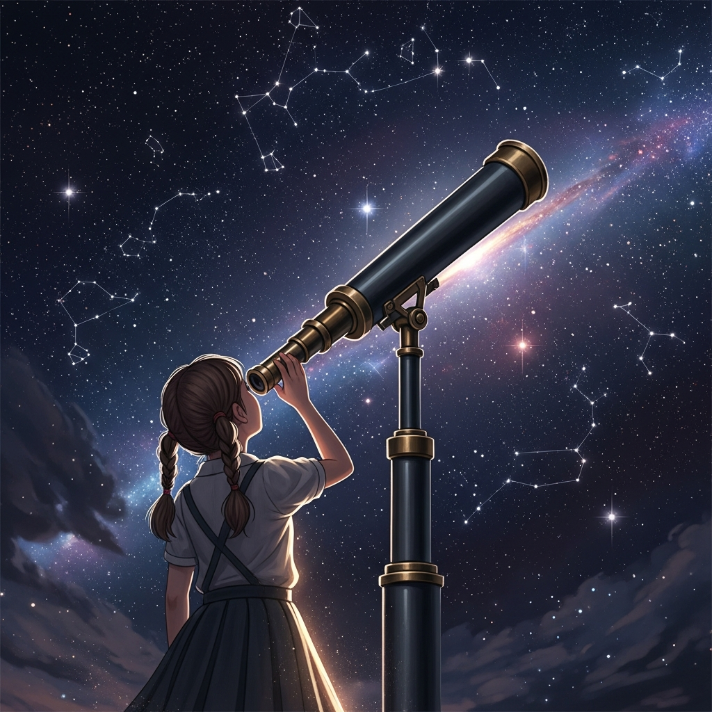 Girl with telescope under stars