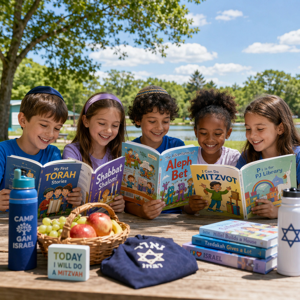 Five children sit at a park table reading colorful children's books together outdoors in the sun.